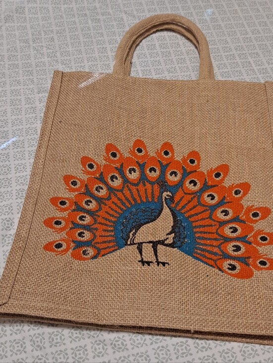 Handbags - Peacock Jute Tote Bag in Natural with Orange & Blue Print